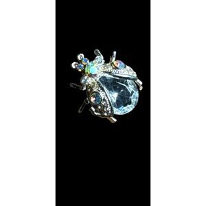 Vintage SPARKLE Rhinestone Beetle Brooch Silver Tone Bug Aurora Borealis Crystal